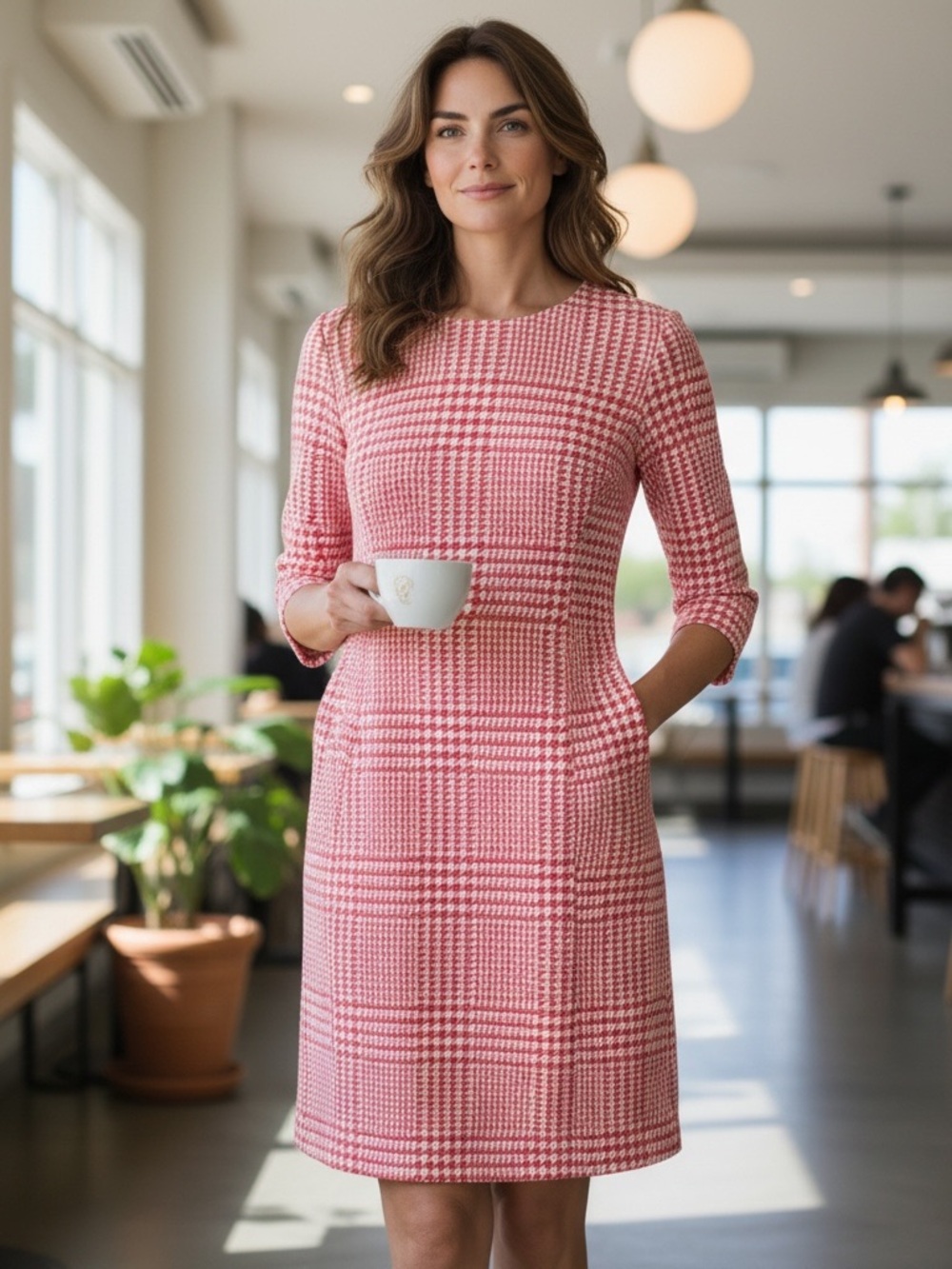 J.McLaughlin Catalyst Sheath Dress Pink White Basket Print Pockets M